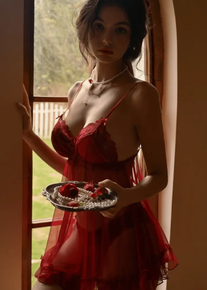 Sultry Red Sheer Lace Babydoll Nightdress