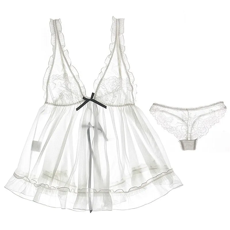 Summer Deep V Backless Sexy Lingerie Temptation Transparent Silk Nightdress Sling Night Coat Ultra Short White Pajamas Babydoll