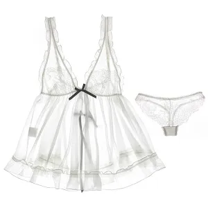 Summer Deep V Backless Sexy Lingerie Temptation Transparent Silk Nightdress Sling Night Coat Ultra Short White Pajamas Babydoll