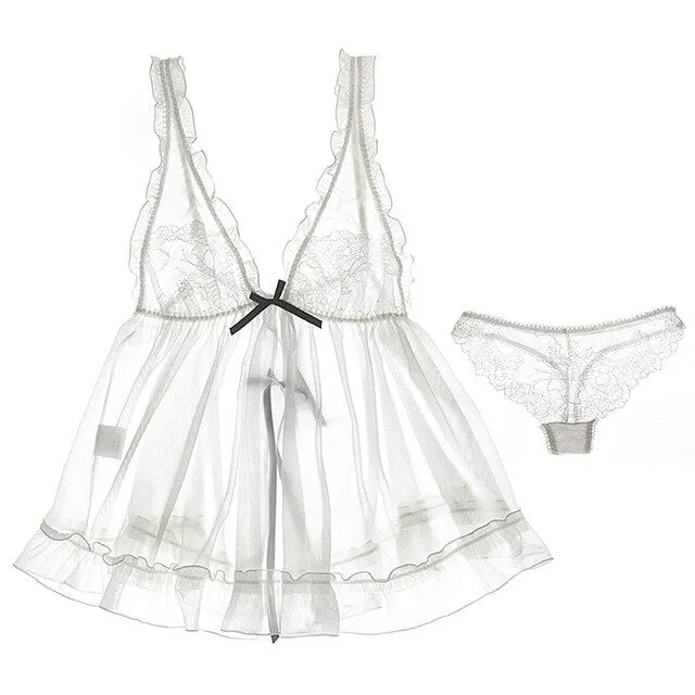 Summer Deep V Backless Sexy Lingerie Temptation Transparent Silk Nightdress Sling Night Coat Ultra Short White Pajamas Babydoll