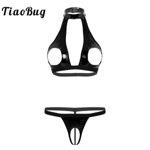 TiaoBug Women Sexy Lingerie Set Black Faux Leather Open Cup Bra Tops with Crotchless G-string Thong Open Crotch Erotic Underwear