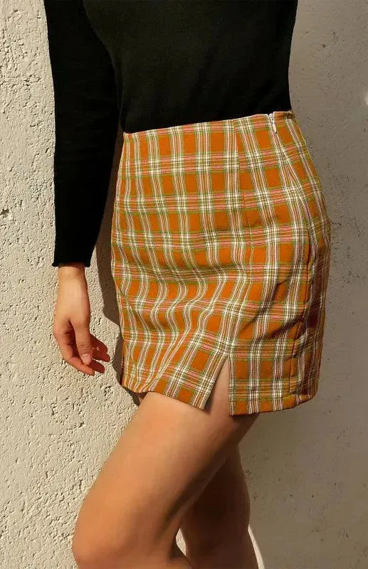 Versatile Sheath High Waist Plaid Skirt with Slit