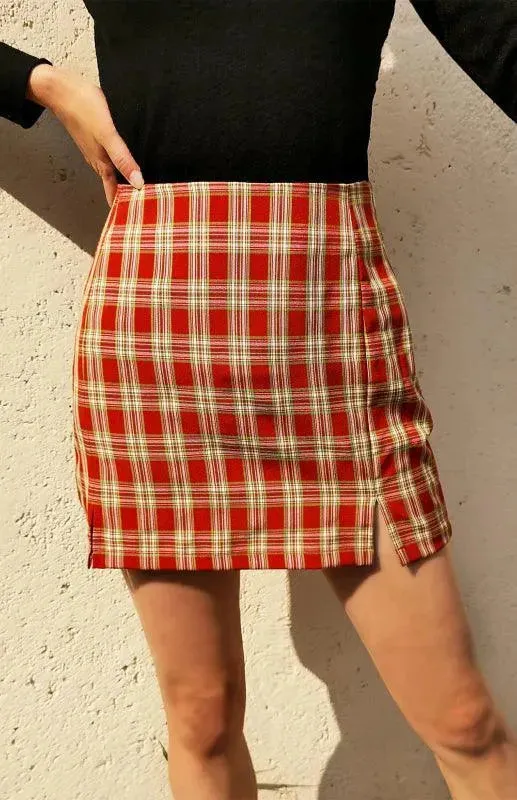Versatile Sheath High Waist Plaid Skirt with Slit