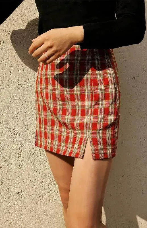 Versatile Sheath High Waist Plaid Skirt with Slit