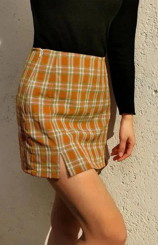 Versatile Sheath High Waist Plaid Skirt with Slit