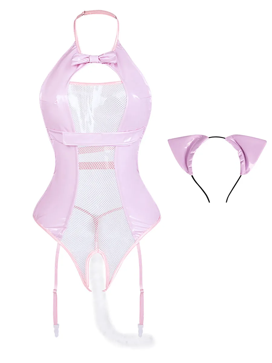 Wet Look Cat Crotchless Bodysuit