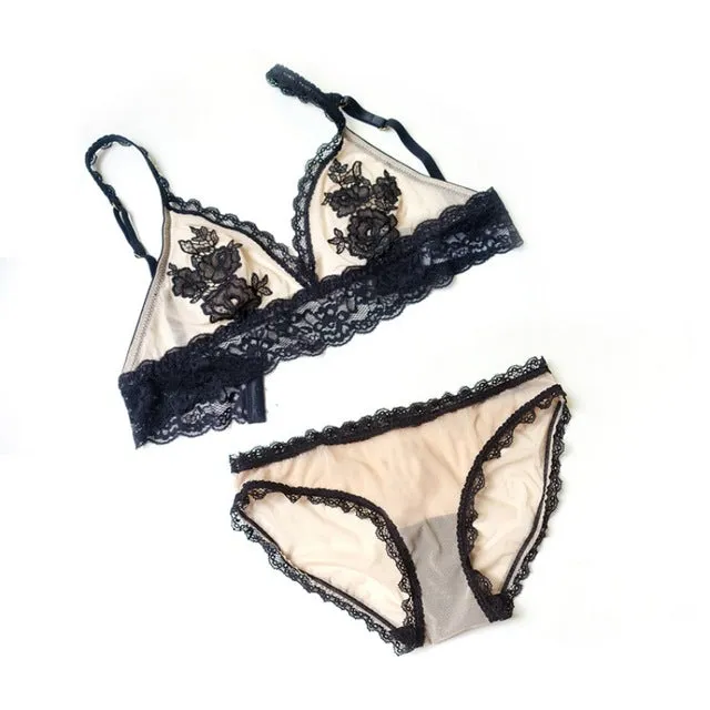 Women Bra & Brief Sets Embroidery Floral Wire Free Ultra-thin Transparent Lace Bra Set Bra and Panties Sexy Lingerie hc