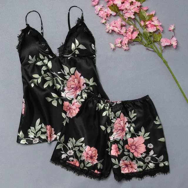 Women Sexy Lingerie Homewear Set Silk Satin Sleepwear Sex Flower Lace Sleepsuits Set V-neck Temptation Night Underwear Mujer2019