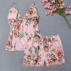 Women Sexy Lingerie Homewear Set Silk Satin Sleepwear Sex Flower Lace Sleepsuits Set V-neck Temptation Night Underwear Mujer2019