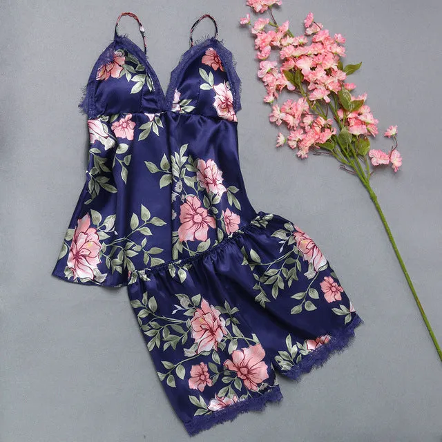 Women Sexy Lingerie Homewear Set Silk Satin Sleepwear Sex Flower Lace Sleepsuits Set V-neck Temptation Night Underwear Mujer2019