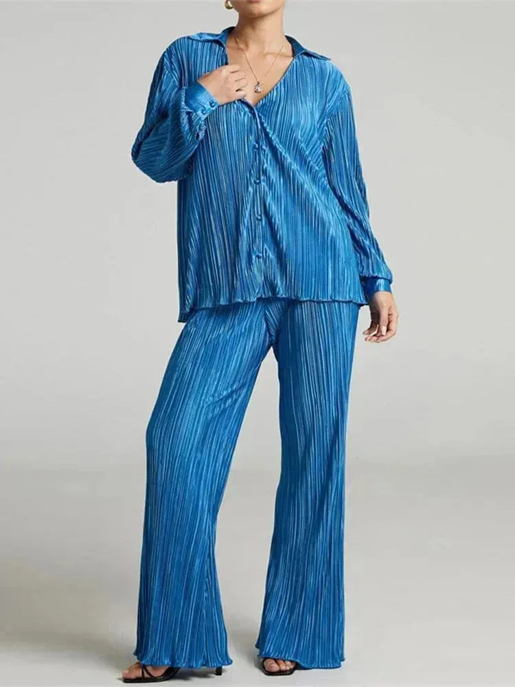 Women Vibrant Pleated Two-Piece Pants Set