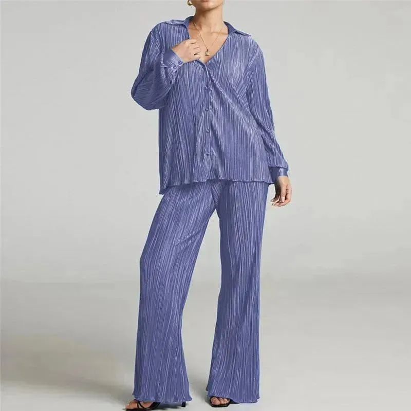 Women Vibrant Pleated Two-Piece Pants Set