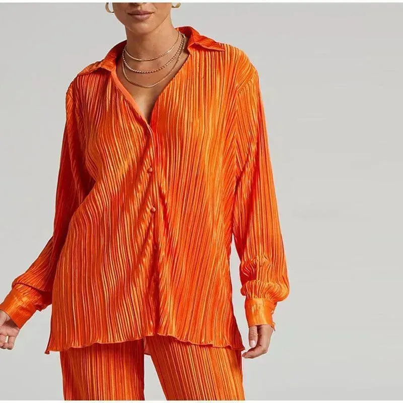 Women Vibrant Pleated Two-Piece Pants Set