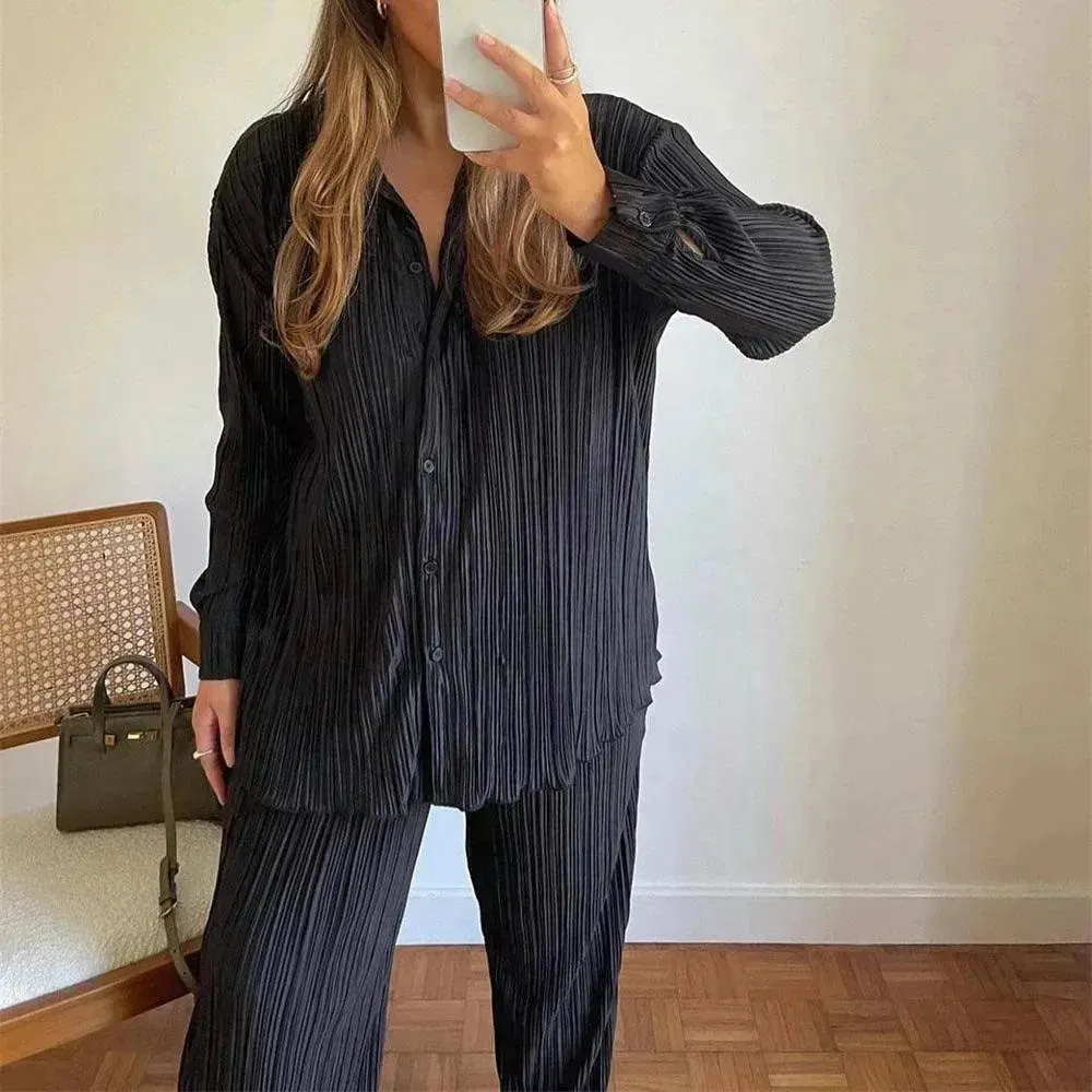 Women Vibrant Pleated Two-Piece Pants Set