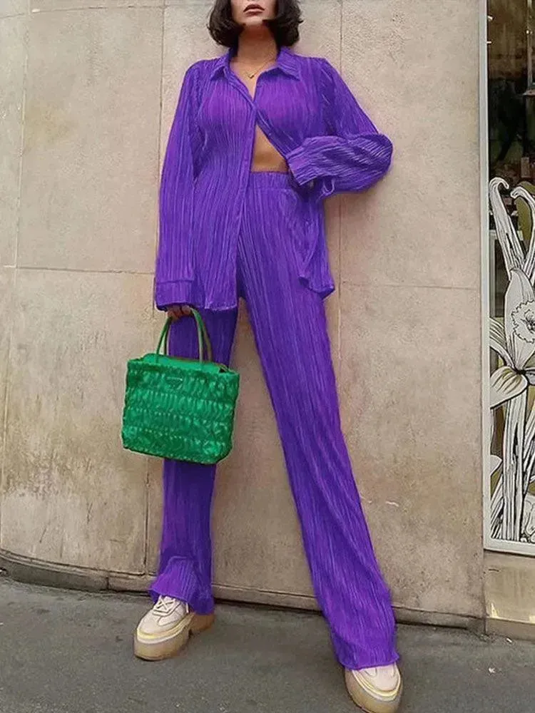 Women Vibrant Pleated Two-Piece Pants Set