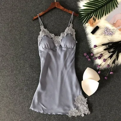 Women's Sexy Lingerie Silk Nightgown Summer Dress Lace Night Dress Sleepwear Babydoll Nightie Satin Homewear Chest Pad Nightwear