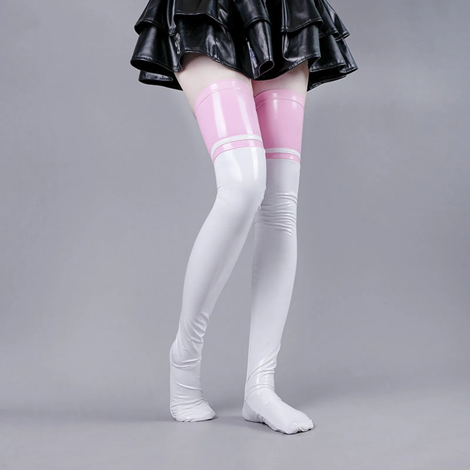 Yomorio Latex Thigh High Stocking Color Block Faux Leather Thigh High Socks for Women