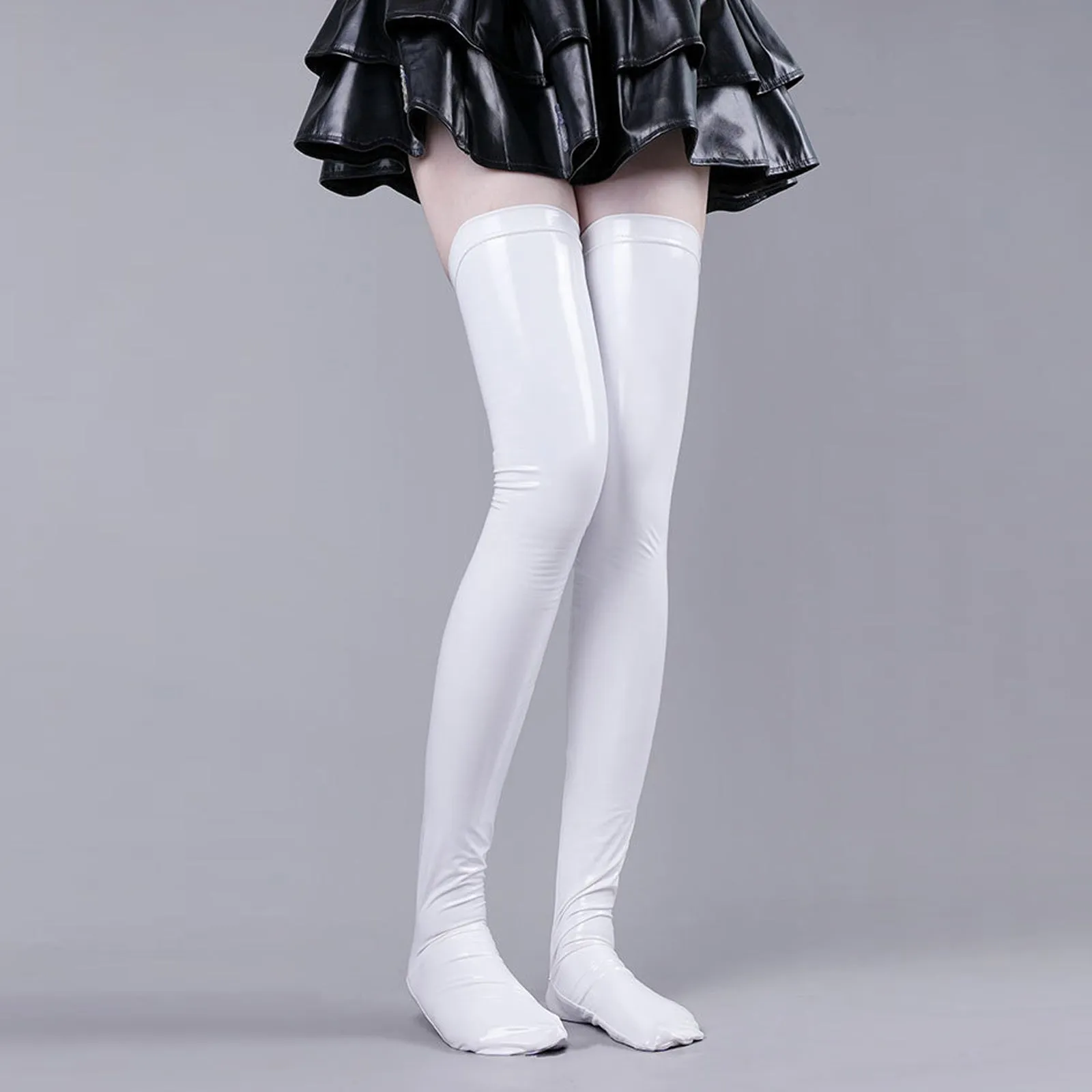 Yomorio Latex Thigh High Stocking Color Block Faux Leather Thigh High Socks for Women