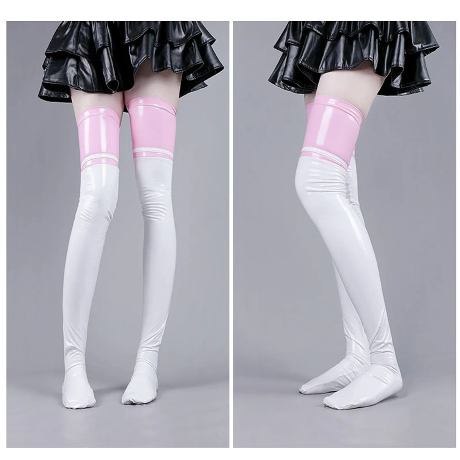 Yomorio Latex Thigh High Stocking Color Block Faux Leather Thigh High Socks for Women